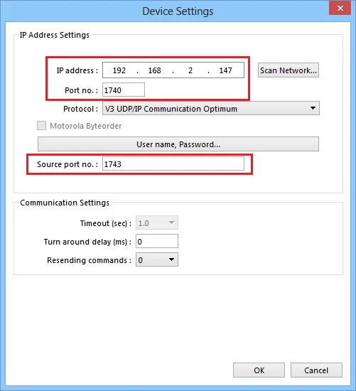 Device Settings dialog showing IP address 192.168.2.147, Port no. 1740, Protocol V3 UDP/IP Communication Optimum, and Source port no. 1743 highlighted in red.