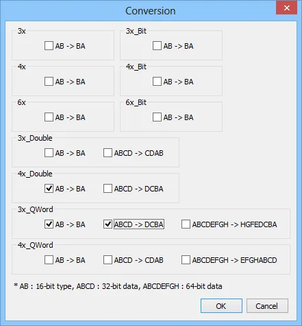 System Parameter Settings Conversion dialog showing byte-swap options (AB, ABCD, ABCDEFGH) for device types 3x, 4x, 6x, 3x_Double, 4x_Double, 3x_QWord, and 4x_QWord.