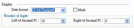 HMI Display settings showing Data format set to 32-bit Unsigned with Number of digits fields for Left and Right of decimal point.