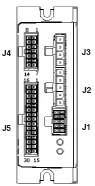 Terminal block connector layout for Copley digital drive showing J1, J3, J4, J5 connectors with numbered pin positions.