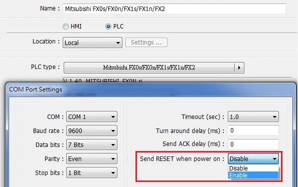 EasyBuilder PLC COM Port Settings dialog showing the Send RESET when power on checkbox option.