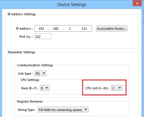 EasyBuilder Device Settings dialog showing IP Address Settings with port 102, and CPU Settings with Rack 0 and CPU slot 2.