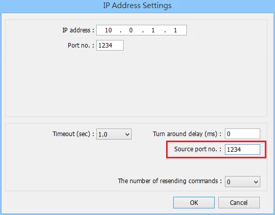IP Address Settings dialog in EasyBuilder showing IP address 10.0.1.1, Port no. 1234, and Source port no. 1234 highlighted.