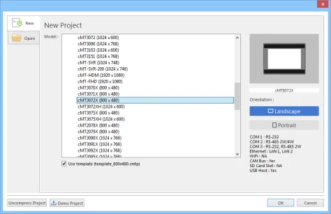 EasyBuilder New Project HMI Model Selection EasyBuilder New Project dialog with HMI model list, cMT3072X highlighted and Landscape orientation selected.