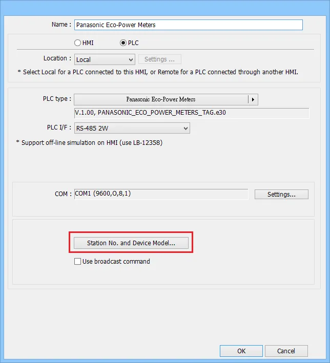 EasyBuilder Pro New Device dialog with Panasonic Eco-Power Meters selected as PLC type, RS-485 2W interface, and Station No. and Device Model button highlighted.