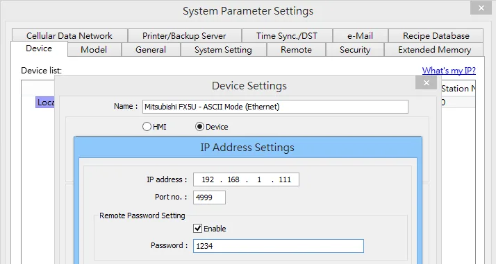 System Parameter Settings with Device Settings dialog open, showing Mitsubishi FX5U ASCII Mode (Ethernet) device name, IP address 192.168.1.111, port 4999, and Remote Password Setting enabled.