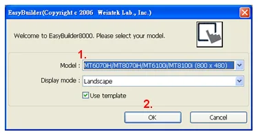 EasyBuilder8000 New Project Model Selection EasyBuilder8000 new project dialog with model selection dropdown and Display mode set to Landscape.