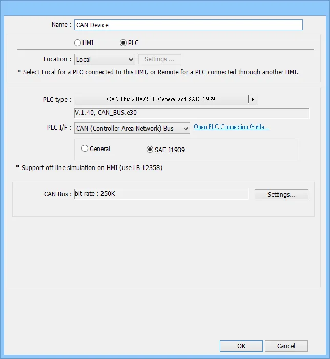 EBPro (EasyBuilder Pro) new device dialog with PLC type set to CAN Bus 2.0A/2.0B General and SAE J1939, SAE J1939 mode selected, and CAN Bus bit rate 250K.