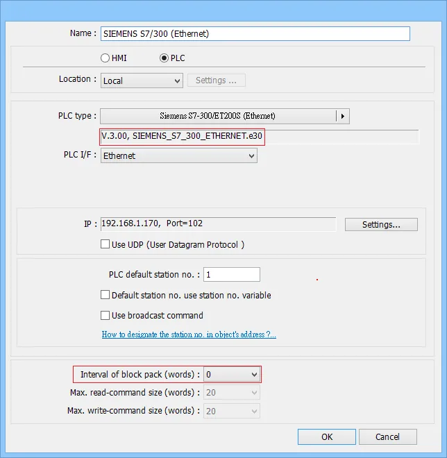 System Parameter Settings dialog in EasyBuilderPro with Siemens S7-300/ET200S Ethernet selected as PLC type, IP set to 192.168.1.170 Port 102, and Interval of block pack set to 0.