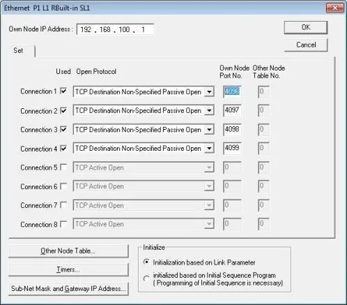 Ethernet P1 L1 RBuilt-in SL1 dialog showing Connection 1 set to TCP Destination Non-Specified Passive Open on port 4096, with Own Node IP Address 192.168.100.1.