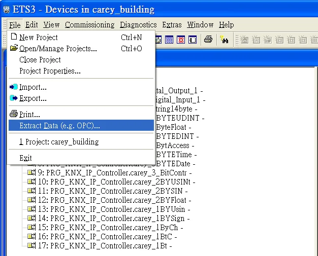 ETS3 Extract Data Menu ETS3 software File menu open with Extract Data (e.g. OPC) option highlighted, showing device list in background.