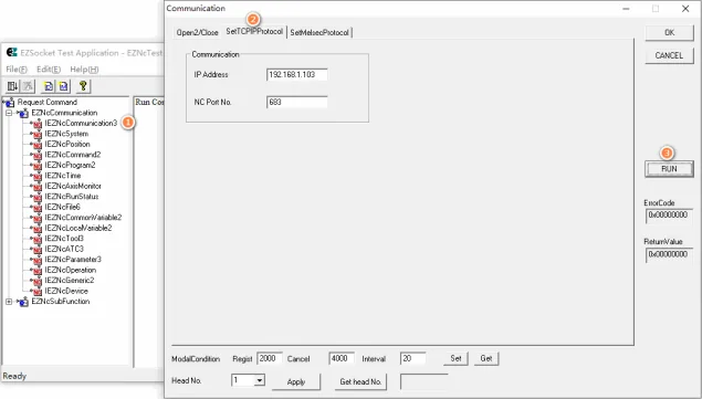 EZSocket Test Application Communication dialog showing TCP/IP protocol tab with IP address 192.168.1.103 and NC port 683.