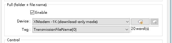 File Browser Object properties showing Device set to XModem -1K (download-only mode) and Tag set to TransmissionFileName[0] with 20 word(s).