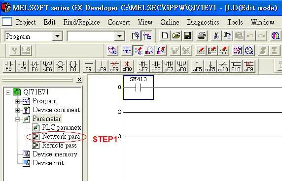 GX Developer Network Parameters Menu GX Developer project tree with Network parameters highlighted under the Parameter node, showing ladder diagram in edit mode.