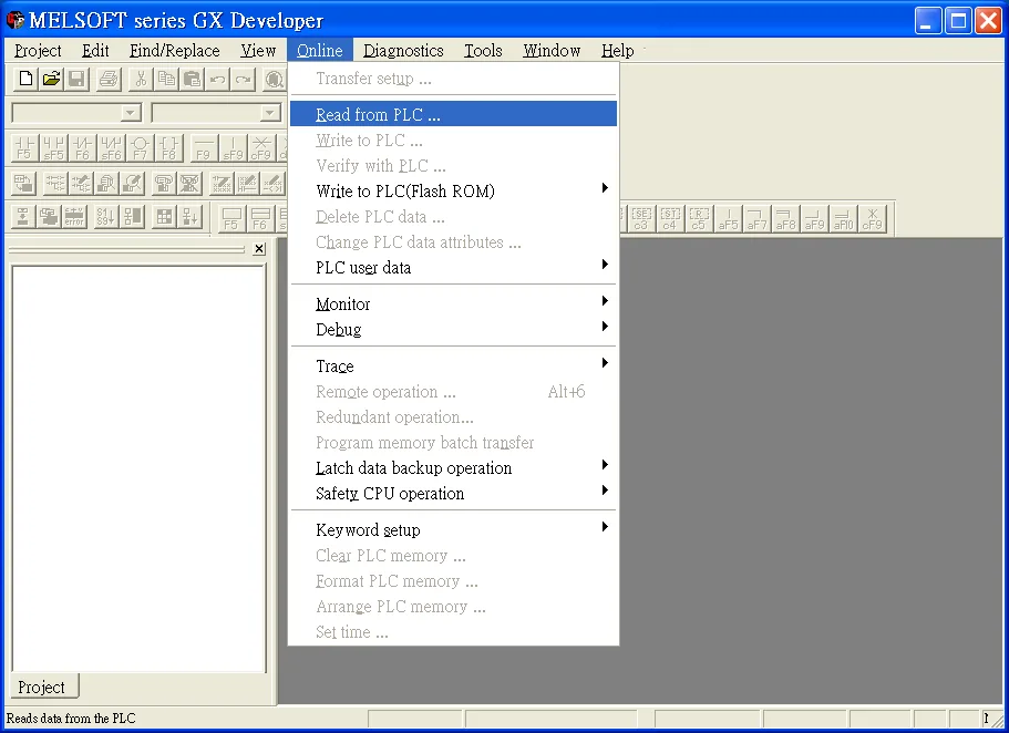 GX Developer Read from PLC GX Developer Online menu open with Read from PLC highlighted.