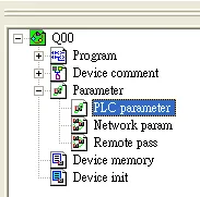 GX Developer project tree for Q00 with the Parameter folder expanded and PLC parameter highlighted.