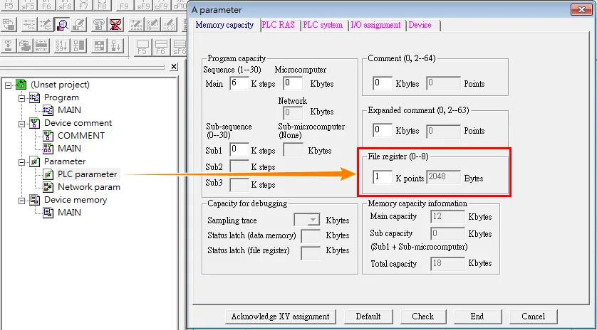 GX Works2 A parameter dialog showing Memory Capacity tab with File register set to 1K points.