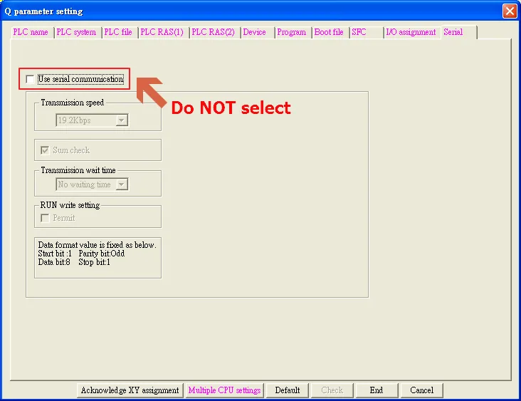 GX Works2 Q parameter setting Serial tab showing Use serial communication checkbox unchecked.