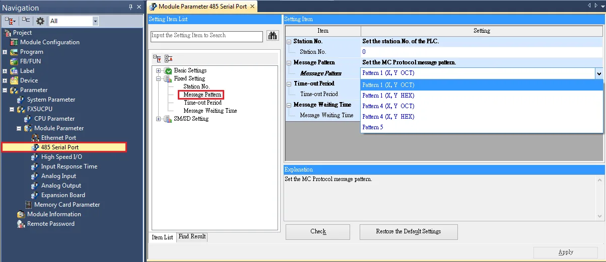 GX Works3 Module Parameter 485 Serial Port settings showing Message Pattern dropdown with Pattern 1 (X, Y OCT) options listed.