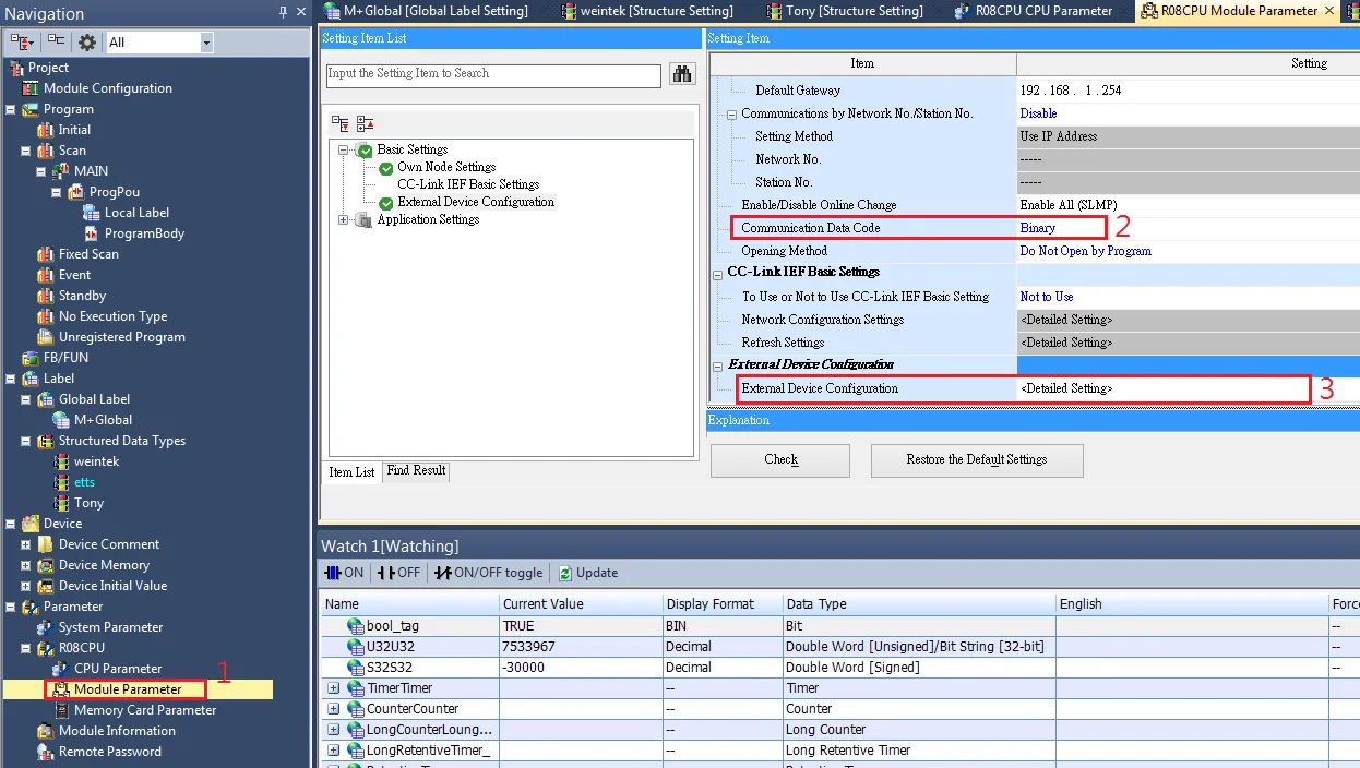 GX Works3 R08CPU Module Parameter screen with Communication Data Code set to Binary and External Device Configuration highlighted.