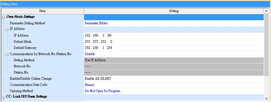 GX Works3 Module Parameter screen showing Own Node Settings with IP address 192.168.3.89, Communication Data Code set to Binary, and Opening Method set to Do Not Open by Program.