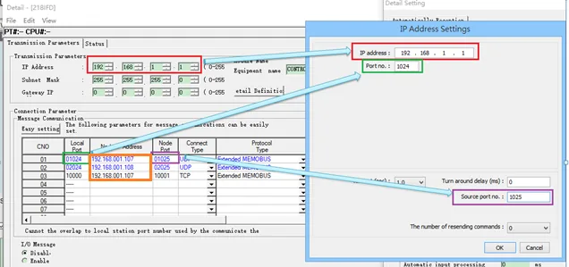 HMI Transmission Parameters screen showing IP Address set to 192.168.1.1, with the IP Address Settings dialog open and Source Port no. set to 1025.