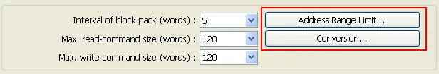 HMI Settings dialog showing the Address Range Limit and Conversion buttons in the Modbus RTU configuration panel.
