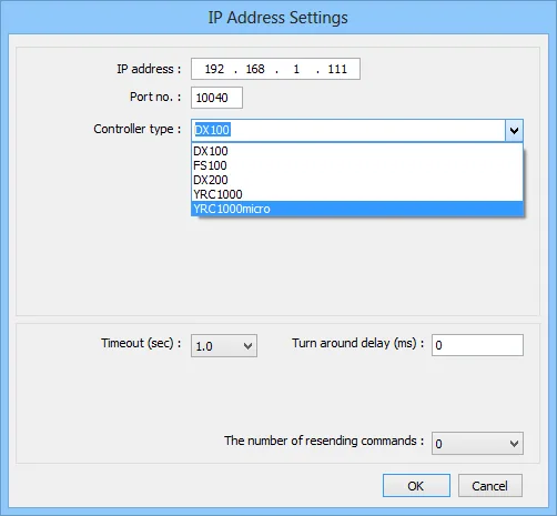 IP Address Settings dialog showing IP address 192.168.1.111, port 10040, and Controller type dropdown with DX100, FS100, DX200, YRC1000, and YRC1000micro options.