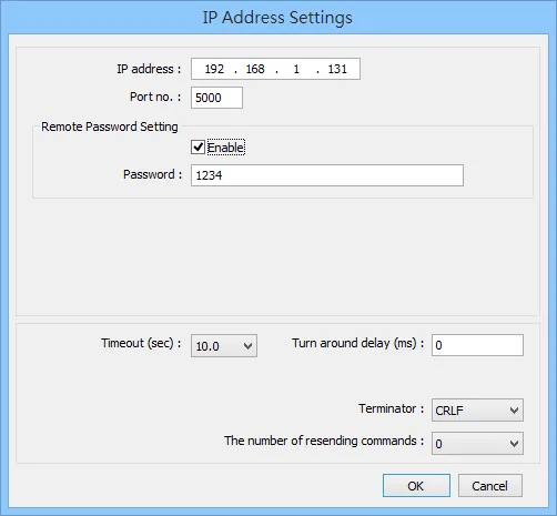 IP Address Settings dialog showing IP address 192.168.1.131, port 5000, Remote Password Setting with Enable checked, Timeout 10.0 sec, and Terminator set to CRLF.