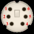 6-pin circular connector pinout for Mitsubishi L6ADP communication port, with pins numbered 1 through 6.