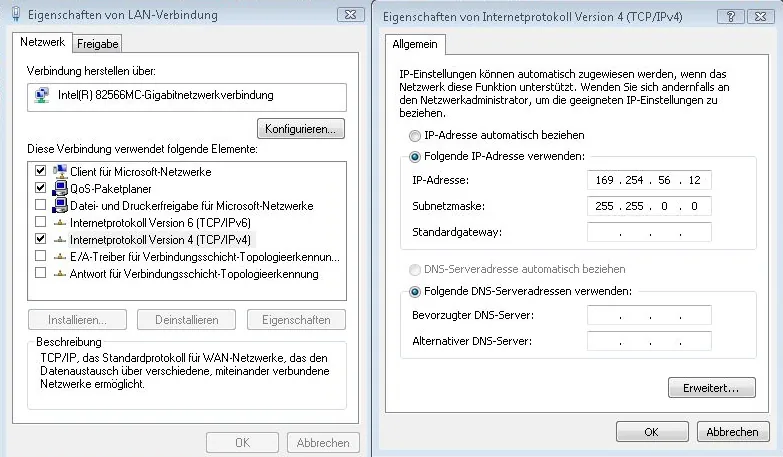 LAN Connection Properties and TCP/IPv4 settings dialog showing IP address 169.254.56.12 and subnet mask 255.255.0.0.