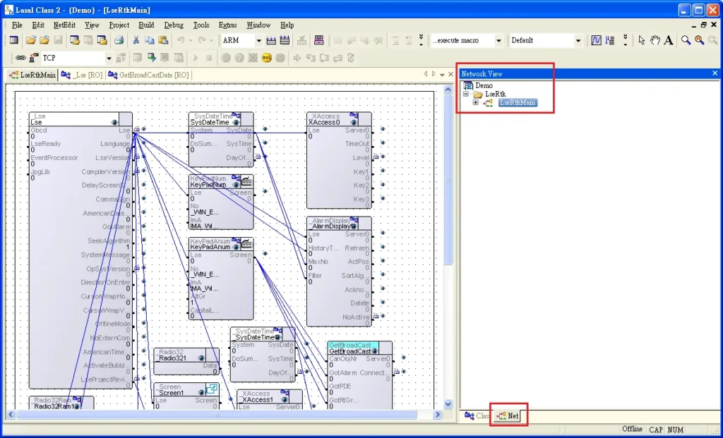 LASAL Class 2 software with Network View tab active, showing a Demo project with LseRtkMain selected in the right panel.