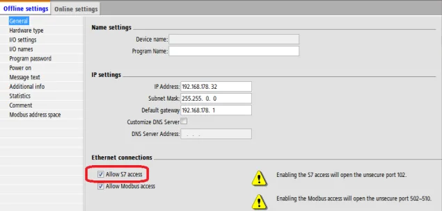 EasyBuilder offline settings panel showing IP address, subnet mask, default gateway fields, and Ethernet connections with Allow S7 access checkbox enabled.