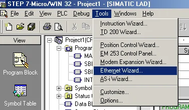 Micro/WIN Tools Ethernet Wizard Menu STEP 7-Micro/WIN Tools menu open with Ethernet Wizard option highlighted.