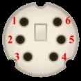 4-pin Mini-DIN male connector viewed from the soldering side, with numbered pin positions labeled 1 through 6 on the circular face.