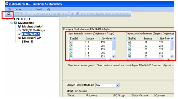 MotionWorks IEC Assembly Instances EIP MotionWorks IEC Hardware Configuration showing Input Assembly Instances (Originator to Target) and Output Assembly Instances (Target to Originator) with instance numbers and sizes.