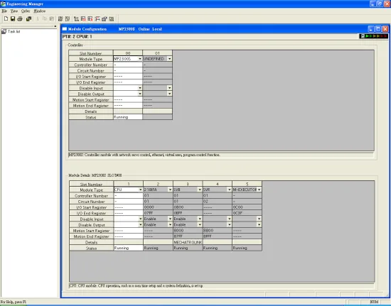 MPE720 Engineering Manager showing Module Configuration with MP2300S CPU and slot assignments including MECHATROLINK module.