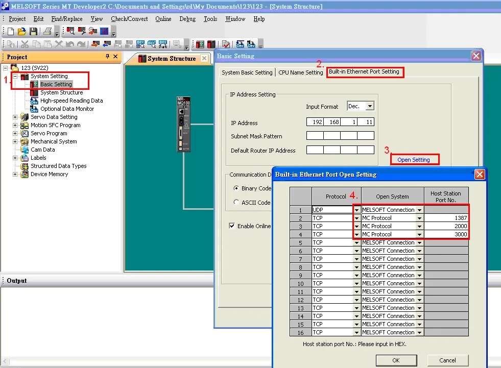 MELSOFT MT Developer2 Basic Setting dialog showing Built-in Ethernet Port Setting with IP address 192.168.1.11 and open connection table.