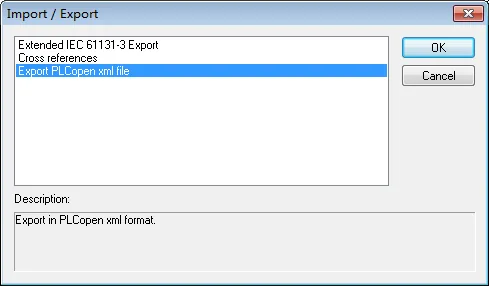MULTIPROG Export PLCopen XML Dialog MULTIPROG Import/Export dialog with Export PLCopen xml file selected in the list.