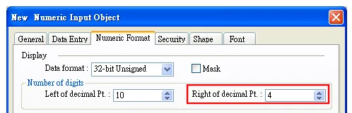 New Numeric Input Object dialog showing Numeric Format tab with Right of decimal Pt. set to 4.