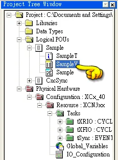 Project Tree XCX Configuration Project Tree Window in the Schleicher XCX programming environment showing a sample POU with a variable selected under the XCX 40 configuration.