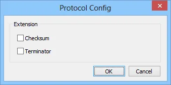 Protocol Config dialog showing Extension options with Checksum and Terminator checkboxes.