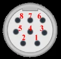 8-pin Mini-DIN connector viewed from the soldering point, with pins numbered 1 through 8 around the circular face.