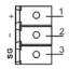 3-wire RS-485 terminal block connection showing + (A), SG (signal ground), and − (B) terminals.