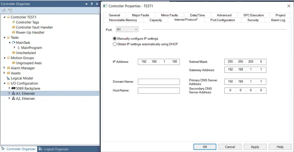 RSLogix Controller IP Address Settings Controller Properties dialog in RSLogix 5000 showing the Internet Protocol tab with IP Address set to 192.168.1.100 and Subnet Mask 255.255.255.0.