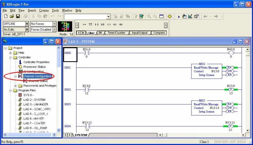 RSLogix 5 Pro project tree with Channel Configuration selected, showing ladder logic program with MSG Read/Write Message blocks on rungs 0001 and 0003.