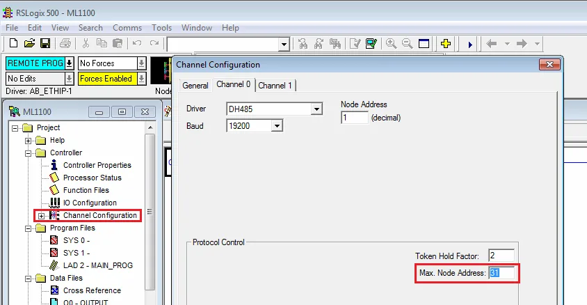 RSLogix 500 Channel Configuration dialog showing Driver set to DH485, Baud 19200, Node Address 1, and Max. Node Address field highlighted.