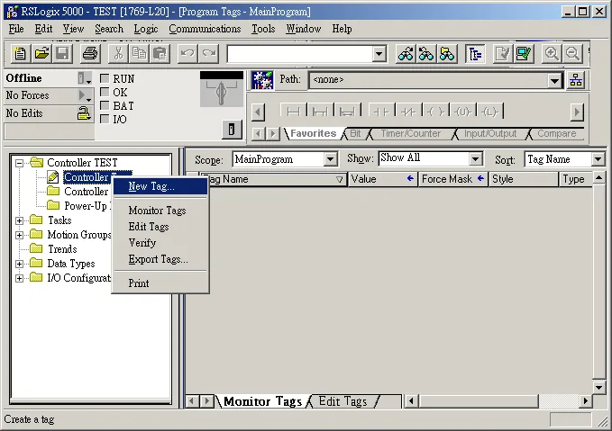 RSLogix 5000 New Tag Menu RSLogix 5000 Program Tags window with the right-click context menu open, showing New Tag selected under the Controller scope.