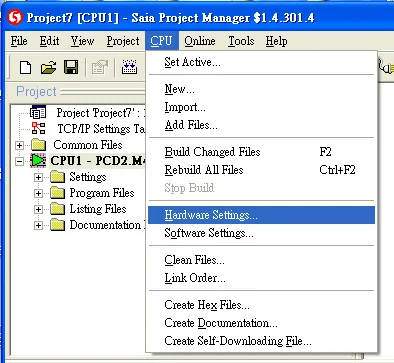 Saia Project Manager CPU menu open with Hardware Settings highlighted in the dropdown list.