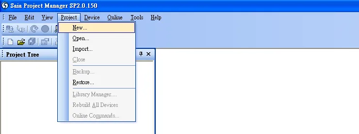 Saia Project Manager SP2.0.150 with the Project menu open and New highlighted.